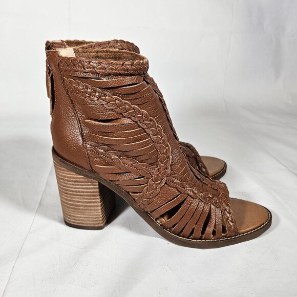 Dingo Jeezy Tan Brown Braided Leather Sandals Chunky Heel Fringe Detail Boho 10 - Picture 3 of 13
